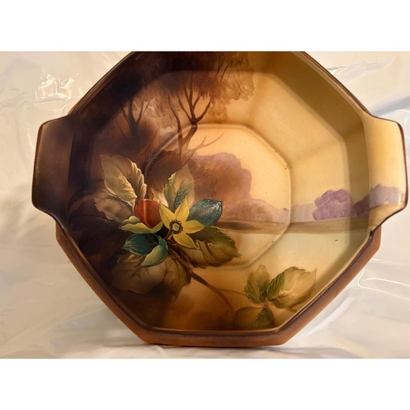 Nippon Other - Antique Nippon Hand Painted Octagonal Porcelain Bowl Landscape Floral Gold Trim